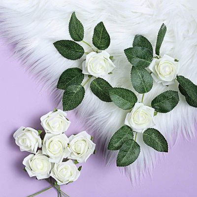 24 Roses | 2" Artificial Foam Rose with Stem and Leaves - 16 Colors (Ivory)