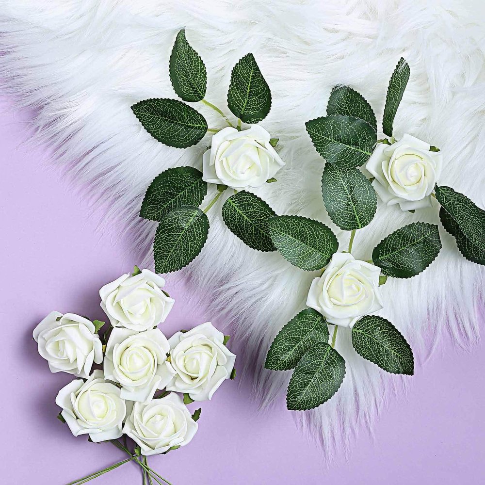 24 Roses | 2" Artificial Foam Rose with Stem and Leaves - 16 Colors (Ivory)