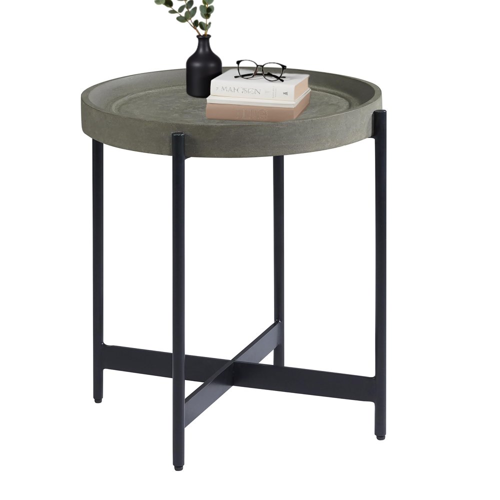 Alaterre Furniture Brookline 20-Inch Round Wood End Table with Gray Concrete Coating - Tray Style Top with Black Powder-Coated Iron Legs - Home Accent for Living Room or Office