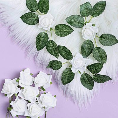 24 Roses | 2" Artificial Foam Rose with Stem and Leaves - 16 Colors (White)