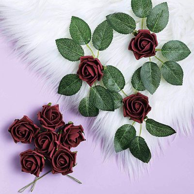 24 Roses | 2" Artificial Foam Rose with Stem and Leaves - 16 Colors (Burgundy)