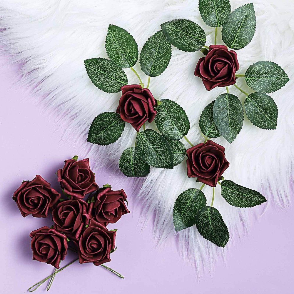 24 Roses | 2" Artificial Foam Rose with Stem and Leaves - 16 Colors (Burgundy)