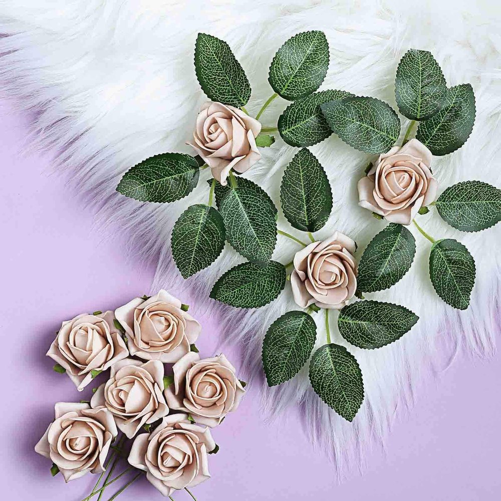 24 Roses | 2" Artificial Foam Rose with Stem and Leaves - 16 Colors (Champagne)