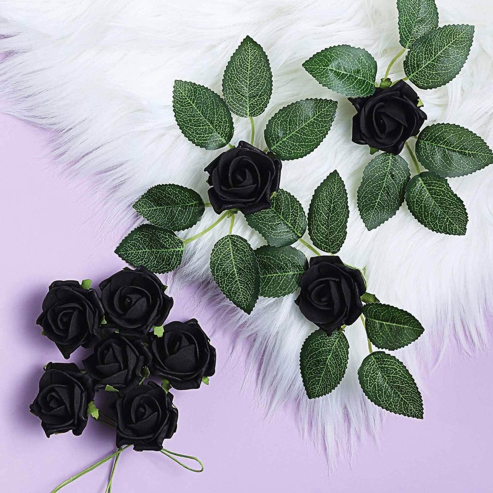24 Roses | 2" Artificial Foam Rose with Stem and Leaves - 16 Colors (Black)