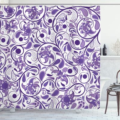 Ambesonne Vintage Shower Curtain, Oriental Scroll with Swirling Leaves with Eastern Design Inspirations, Cloth Fabric Bathroom Decor Set with Hooks, 69" W x 75" L, Lavender Blue