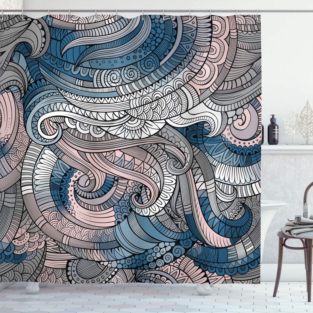 Ambesonne Abstract Shower Curtain, Ocean Inspired Graphic Paisley Pattern Swirled Hand Drawn Artwork Print, Cloth Fabric Bathroom Decor Set with Hooks, 84" Long Extra, Dark Turquoise