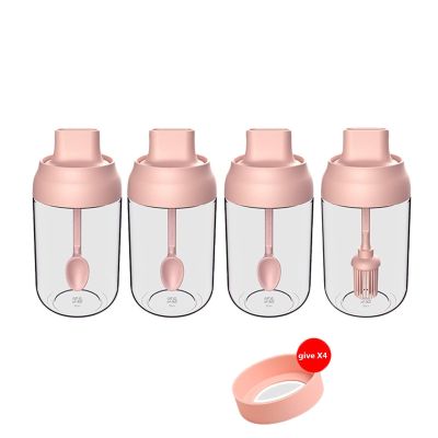 4PCS Glass Seasoning Jar, 2 In 1 Sealed Design, Pink Transparent Spice Container, Used for Oil, Salt, Sugar, Honey, With Bumper Pad (Color : C)