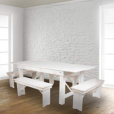 BizChair 40" x 12" Antique Rustic White Solid Pine Folding Farm Bench - Portable Bench