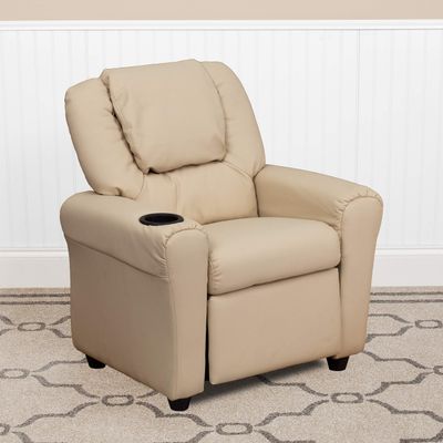 BizChair Contemporary Beige Vinyl Kids Recliner with Cup Holder and Headrest