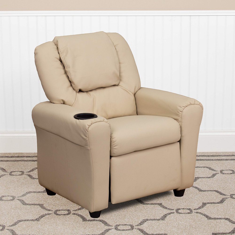 BizChair Contemporary Beige Vinyl Kids Recliner with Cup Holder and Headrest