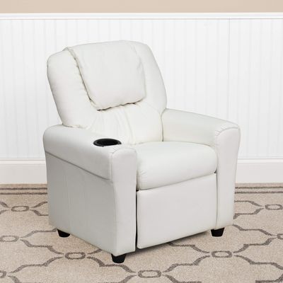 BizChair Contemporary White Vinyl Kids Recliner with Cup Holder and Headrest