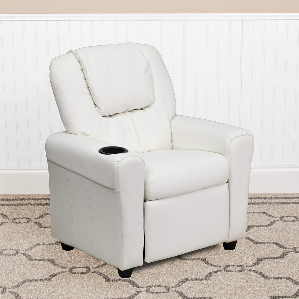BizChair Contemporary White Vinyl Kids Recliner with Cup Holder and Headrest