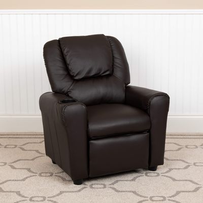 BizChair Contemporary Brown LeatherSoft Kids Recliner with Cup Holder and Headrest