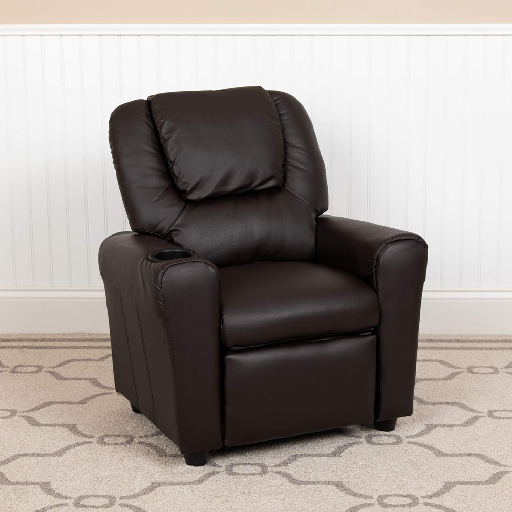 BizChair Contemporary Brown LeatherSoft Kids Recliner with Cup Holder and Headrest