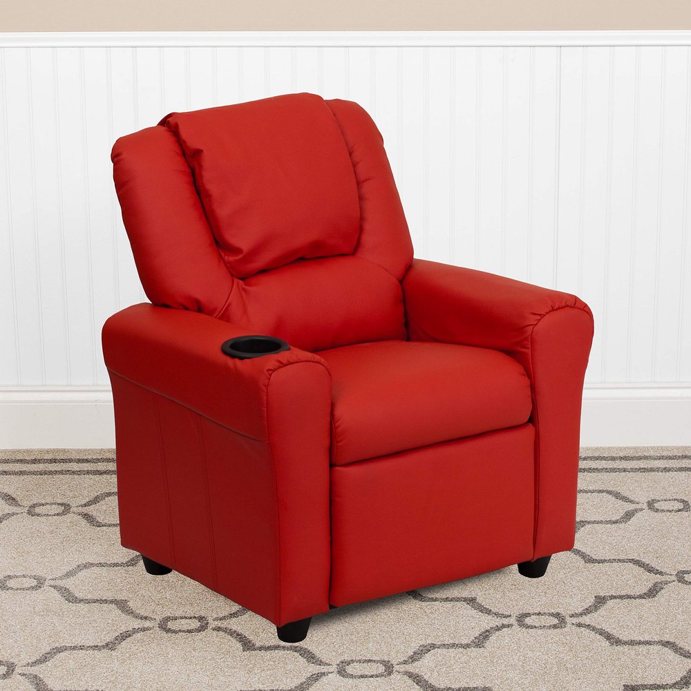 BizChair Contemporary Red Vinyl Kids Recliner with Cup Holder and Headrest