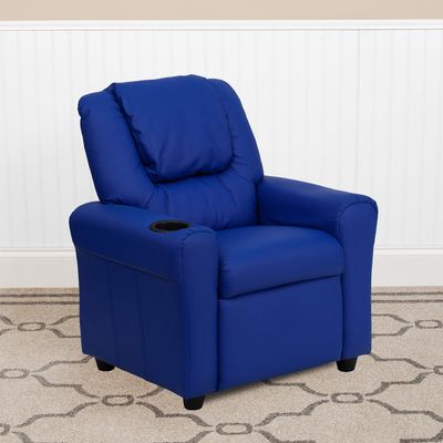 BizChair Contemporary Blue Vinyl Kids Recliner with Cup Holder and Headrest