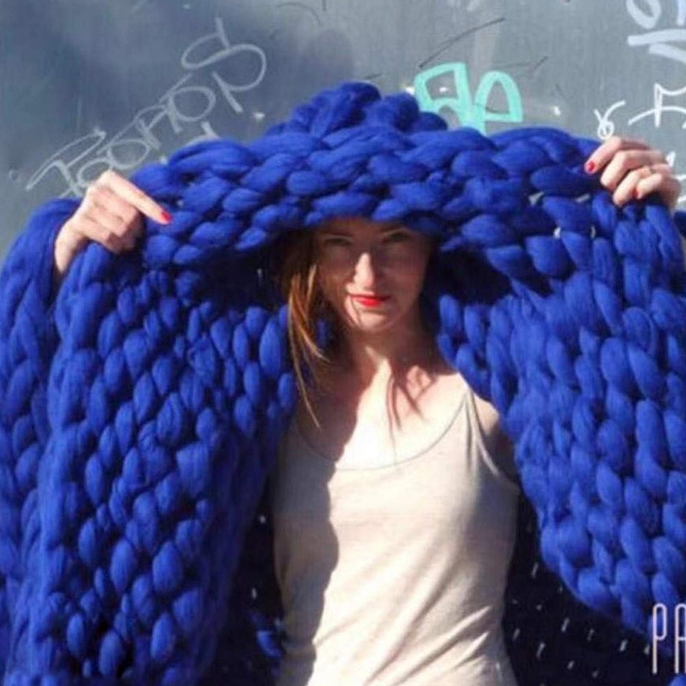 Chunky Knit Throw Blanket Royal Blue, Knitted Blankets 100% Hand Made Stylish & Cosy Beautiful Home Decor Throw, Couch, Bed, Chair, Sofa, Gift-71x80in