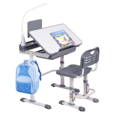 SMAGREHO Kids' Desk and Chair Set, Height Adjustable Child's School Study Writing Tables with Tilt Desktop, LED Light, Storage Drawer, Book Stand(Grey)