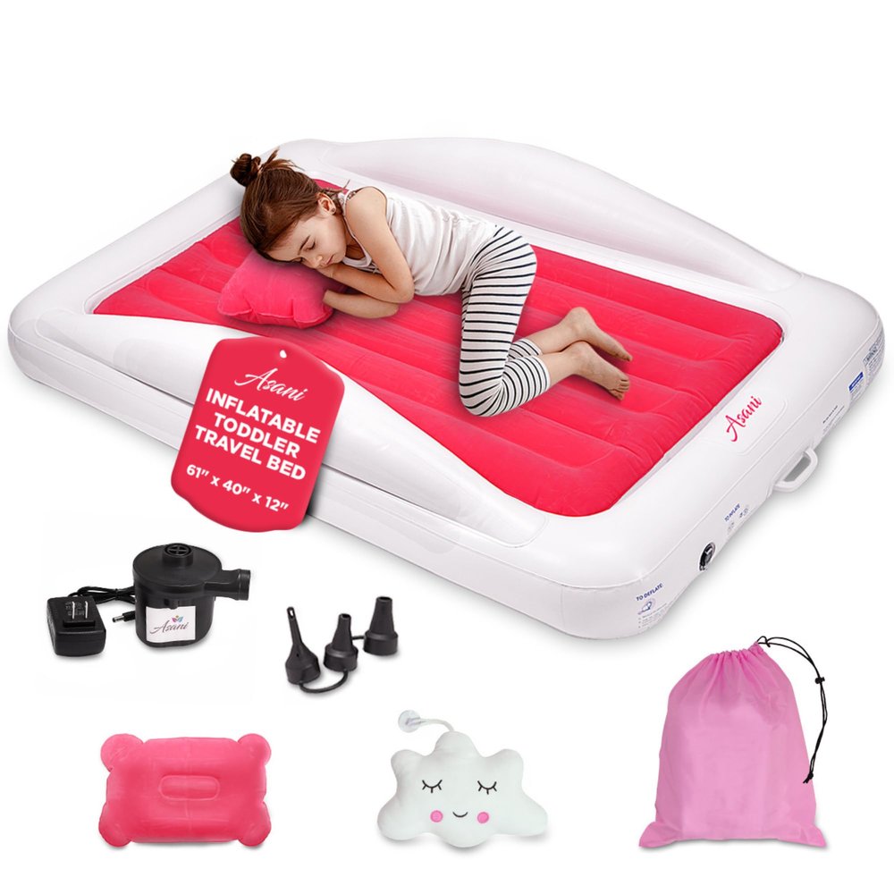 Asani Inflatable Toddler Travel Bed with Electric Pump, Leakproof Air Mattress w/Reinforced Protective Bumpers, Includes Carry Case and Pillow, Fits Kids Up to 4ft, for Camping & Sleepovers (Pink)