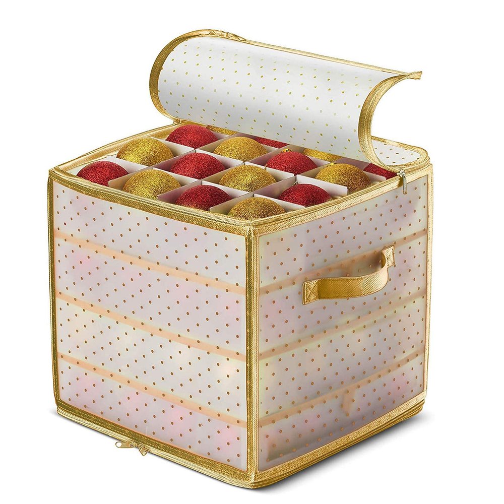 Plastic Christmas Ornament Storage Box with 2 Dual Zipper Closure and Handle, Keeps 64 Holiday Ornaments Baubles, Christmas Tree Decorations Container Organizer with Compartments (Yellow)