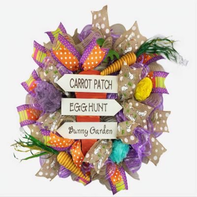 18X18X6 Easter Wreath Directional Sign, 3 hand made floral fabric eggs, carrots. Spring Decoration for Front Door Outside or Inside Decorations, Very Full Large Spring Wreath