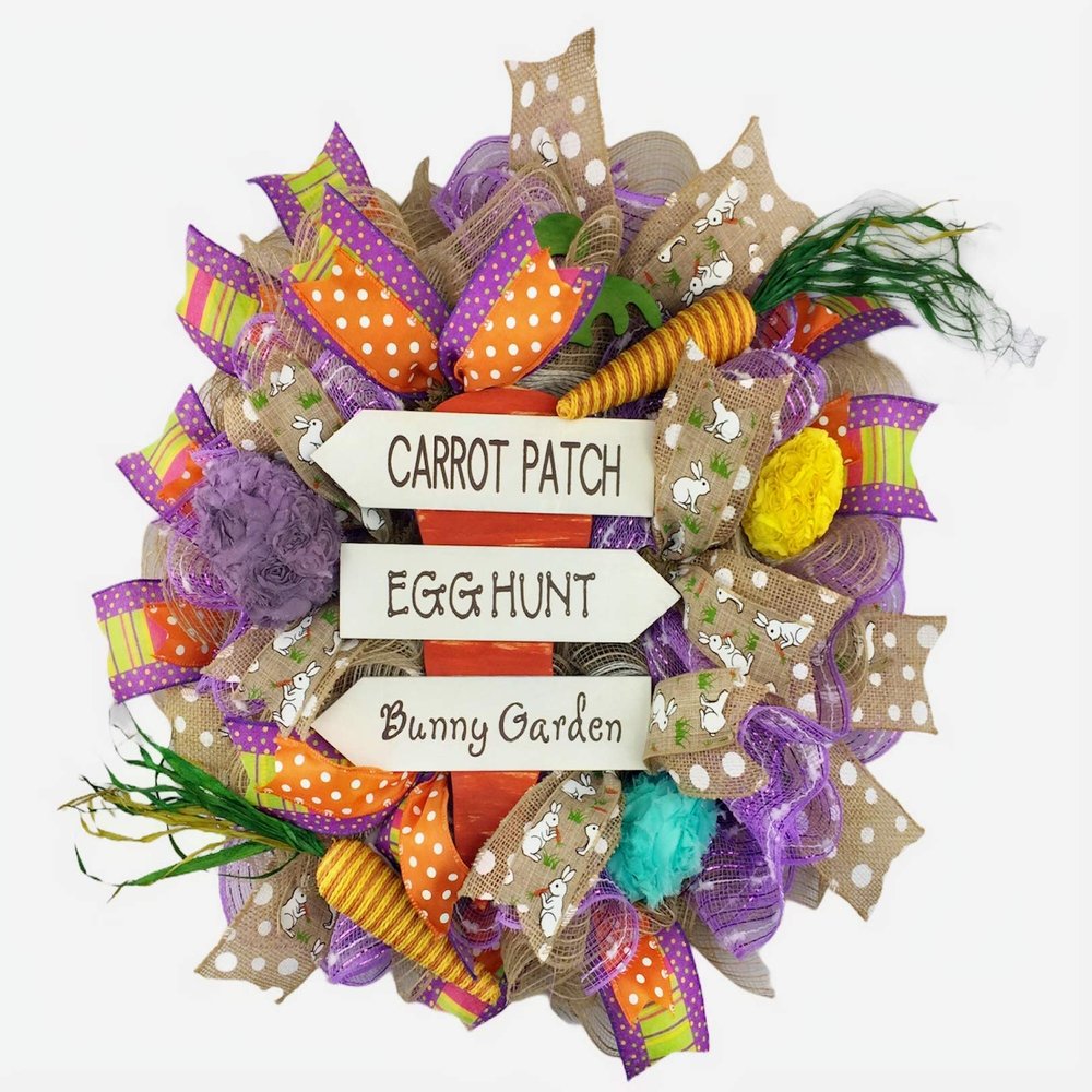 18X18X6 Easter Wreath Directional Sign, 3 hand made floral fabric eggs, carrots. Spring Decoration for Front Door Outside or Inside Decorations, Very Full Large Spring Wreath