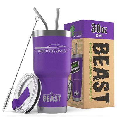 1969 Ford Mustang Fastback Beast 30 oz Stainless Steel Insulated Tumbler w/Lid, 2 Straws, Brush and Gift Box purple