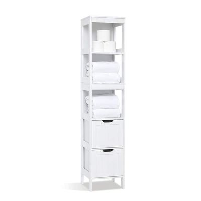 Mondeer Meerveil Tall Bathroom Storage Cabinet, Slim Bathroom Cabinet Freestanding with 3 Open Shelf and 2 Drawers for Bathroom Hallway Living Room Modern 11.8 x 11.8 x 47.6 Inches (White)