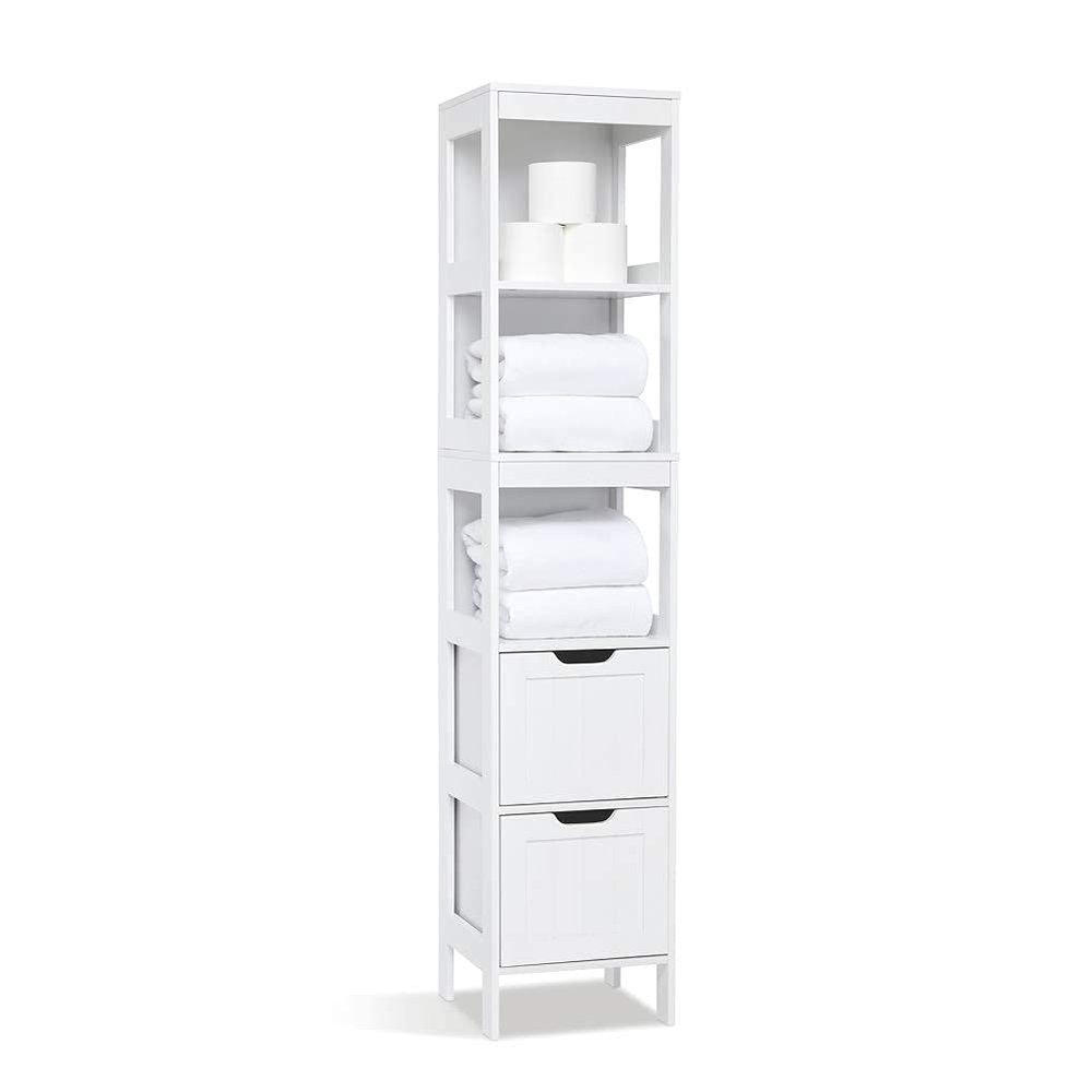Mondeer Meerveil Tall Bathroom Storage Cabinet, Slim Bathroom Cabinet Freestanding with 3 Open Shelf and 2 Drawers for Bathroom Hallway Living Room Modern 11.8 x 11.8 x 47.6 Inches (White)