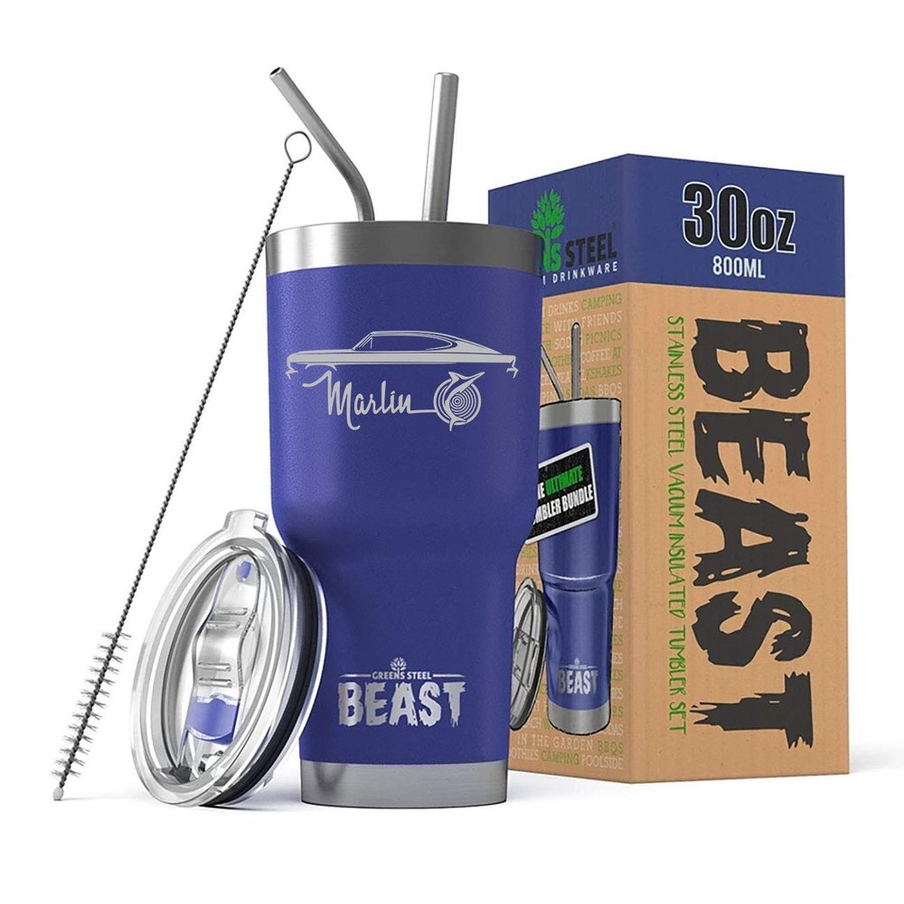 1965 1966 AMC Marlin Beast 30 oz Stainless Steel Insulated Tumbler w/Lid, 2 Straws, Brush and Gift Box royal