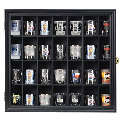 Shot Glass Display Case Wooden Cabinet Rack Holder Wall Mounted Black Shadow Box Lockable with UV Protection Acrylic Glass Door Shot Glass collection Display with Removable Shelves, 18"x16", 28 Slots