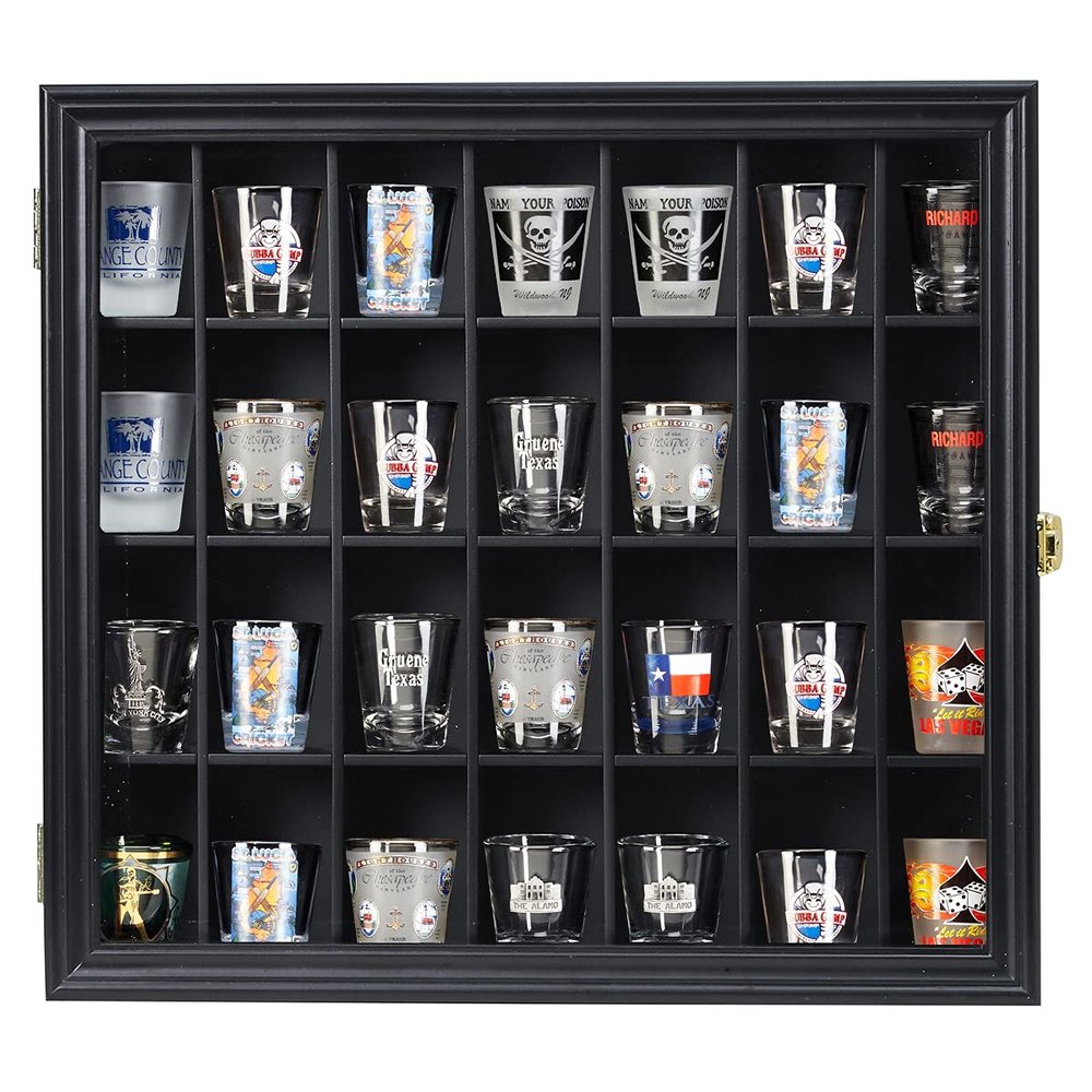 Shot Glass Display Case Wooden Cabinet Rack Holder Wall Mounted Black Shadow Box Lockable with UV Protection Acrylic Glass Door Shot Glass collection Display with Removable Shelves, 18"x16", 28 Slots