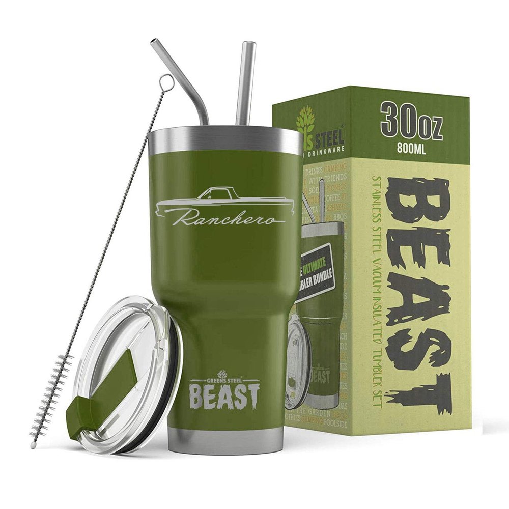 1966 1967 Ford Ranchero Truck Beast 30 oz Stainless Steel Insulated Tumbler w/Lid, 2 Straws, Brush and Gift Box army