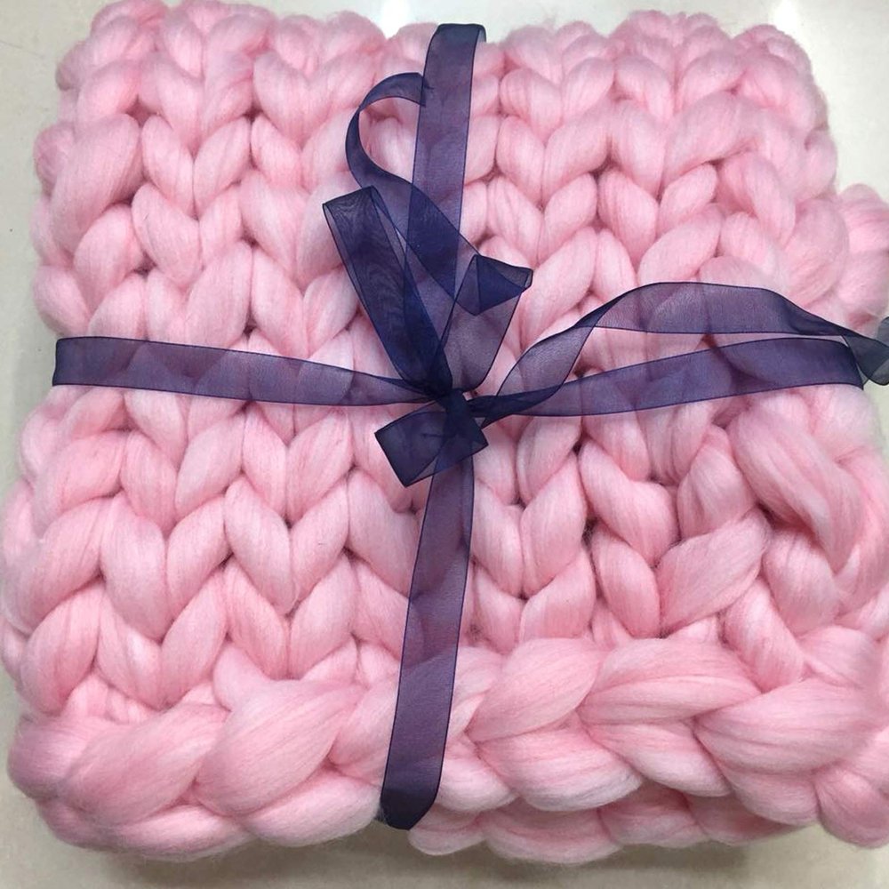 Chunky Knit Throw Blanket Pink, Knitted Blankets 100% Hand Made Stylish & Cosy Beautiful Home Decor Throw, Couch, Bed, Chair, Sofa, Gift-80x80in