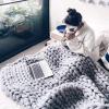 Chunky Knit Throw Blanket Pink, Knitted Blankets 100% Hand Made Stylish & Cosy Beautiful Home Decor Throw, Couch, Bed, Chair, Sofa, Gift-80x80in view 2