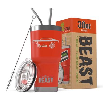 1965 1966 AMC Marlin Beast 30 oz Stainless Steel Insulated Tumbler w/Lid, 2 Straws, Brush and Gift Box red