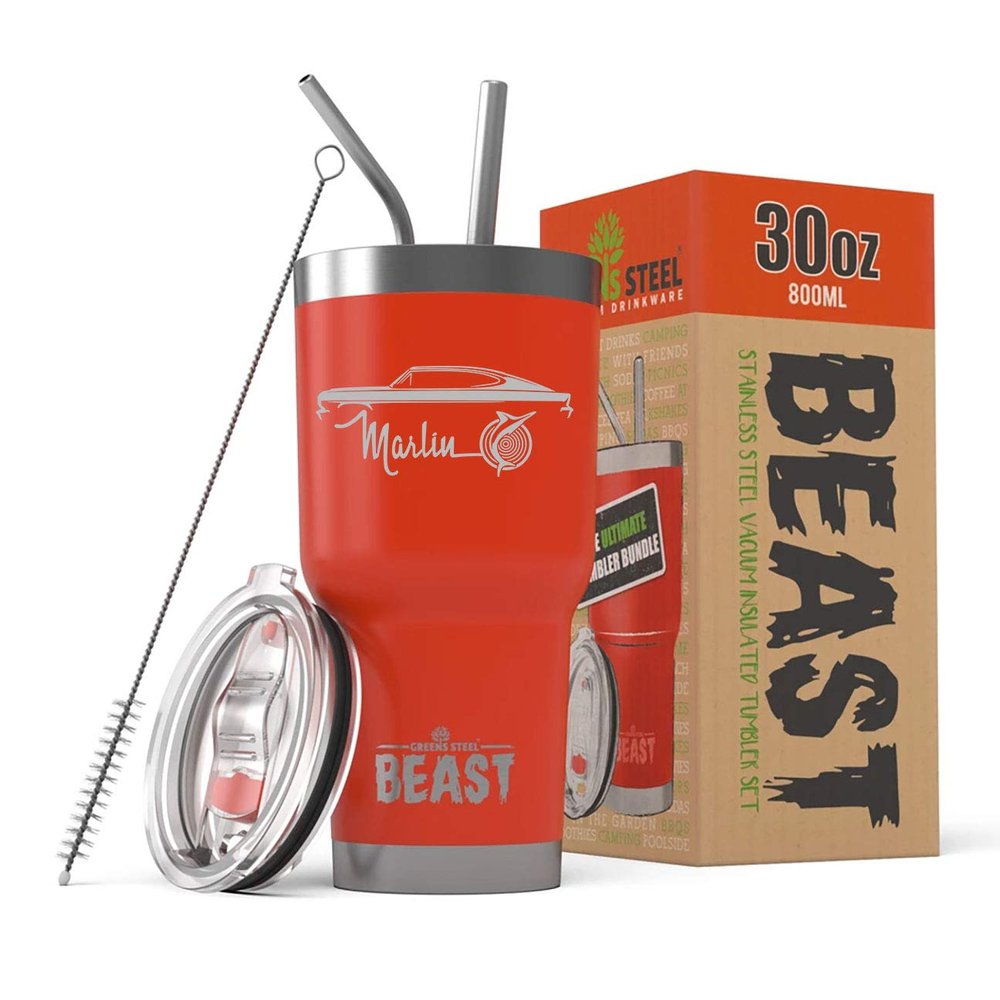 1965 1966 AMC Marlin Beast 30 oz Stainless Steel Insulated Tumbler w/Lid, 2 Straws, Brush and Gift Box red