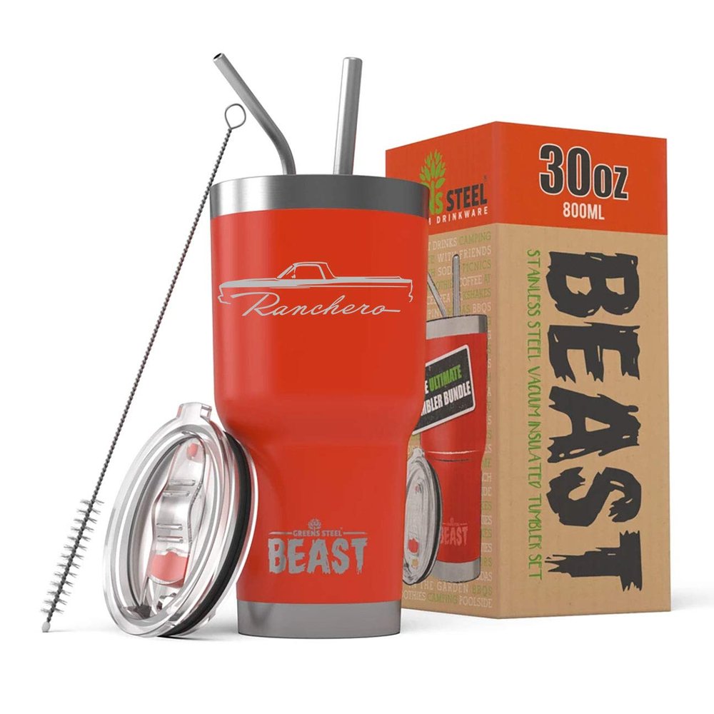 1966 1967 Ford Ranchero Truck Beast 30 oz Stainless Steel Insulated Tumbler w/Lid, 2 Straws, Brush and Gift Box red