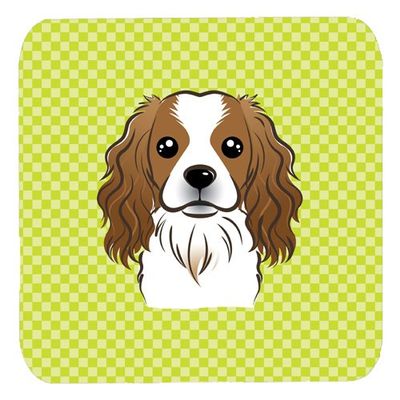CoolCookware 3.5 x 3.5 in. Checkerboard Lime Green Cavalier Spaniel Foam Coasters44; Set of 4