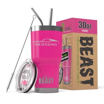 1967 1968 Ford Mustang Fastback Beast 30 oz Stainless Steel Insulated Tumbler w/Lid, 2 Straws, Brush and Gift Box hotpink