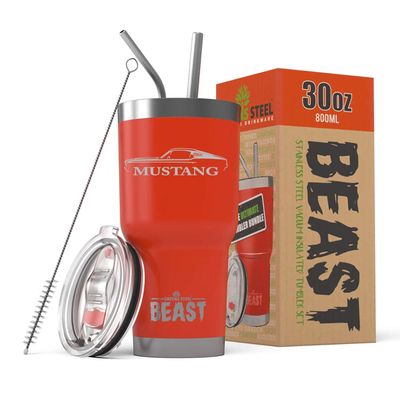 1967 1968 Ford Mustang Fastback Beast 30 oz Stainless Steel Insulated Tumbler w/Lid, 2 Straws, Brush and Gift Box red