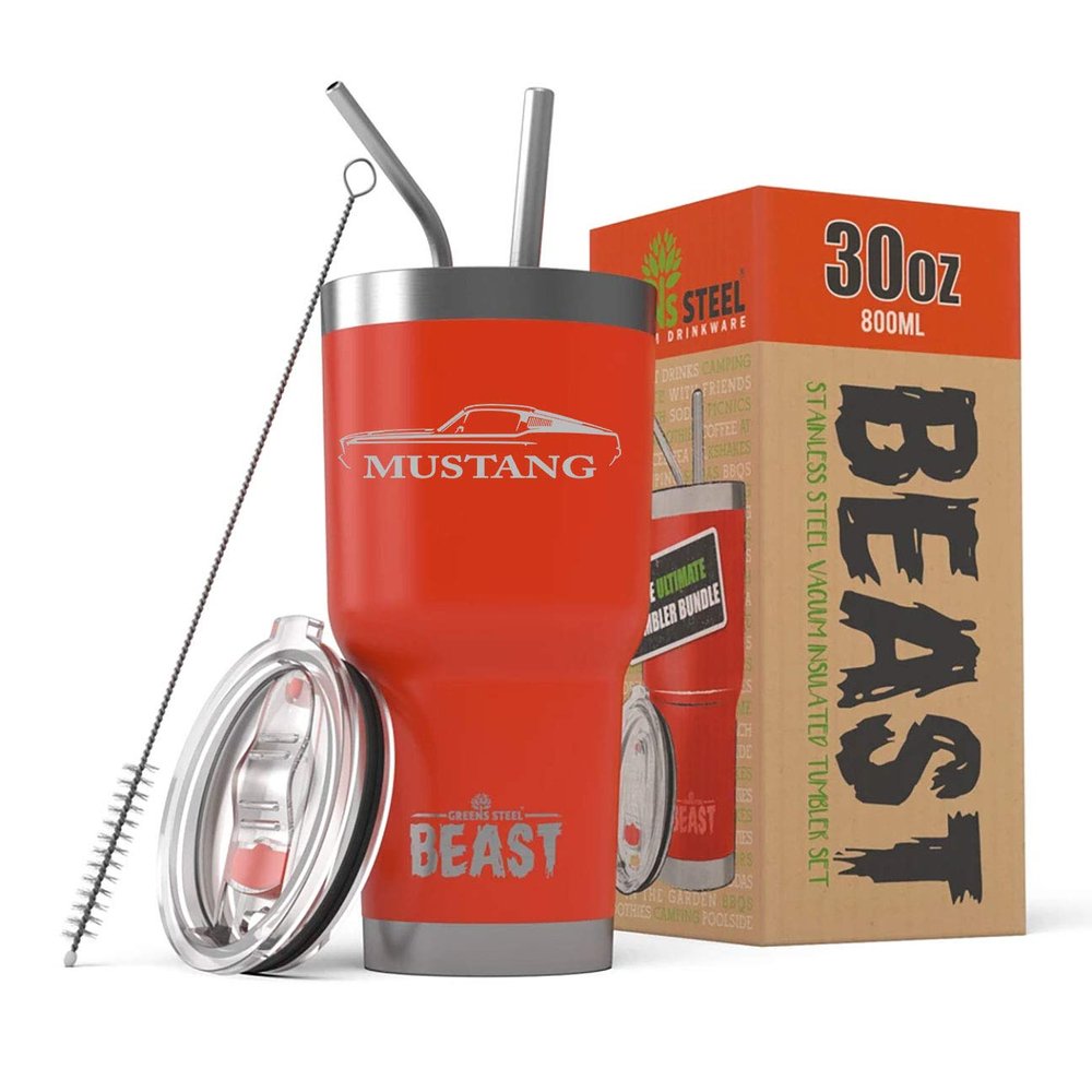 1967 1968 Ford Mustang Fastback Beast 30 oz Stainless Steel Insulated Tumbler w/Lid, 2 Straws, Brush and Gift Box red
