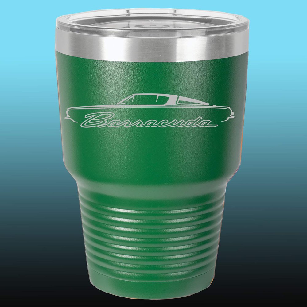 1964 1965 1966 Plymouth Barracuda 30oz Stainless Steel Tumbler w/Clear Lid green