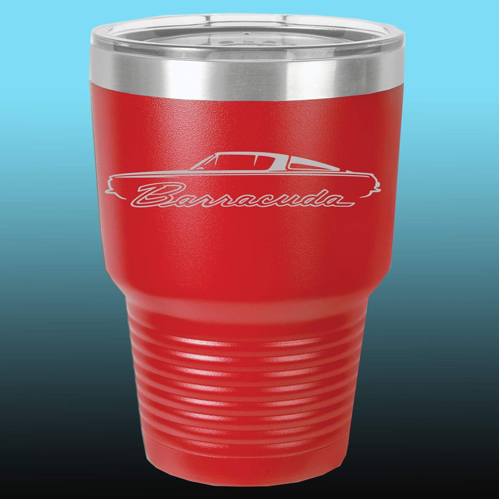 1964 1965 1966 Plymouth Barracuda 30oz Stainless Steel Tumbler w/Clear Lid red