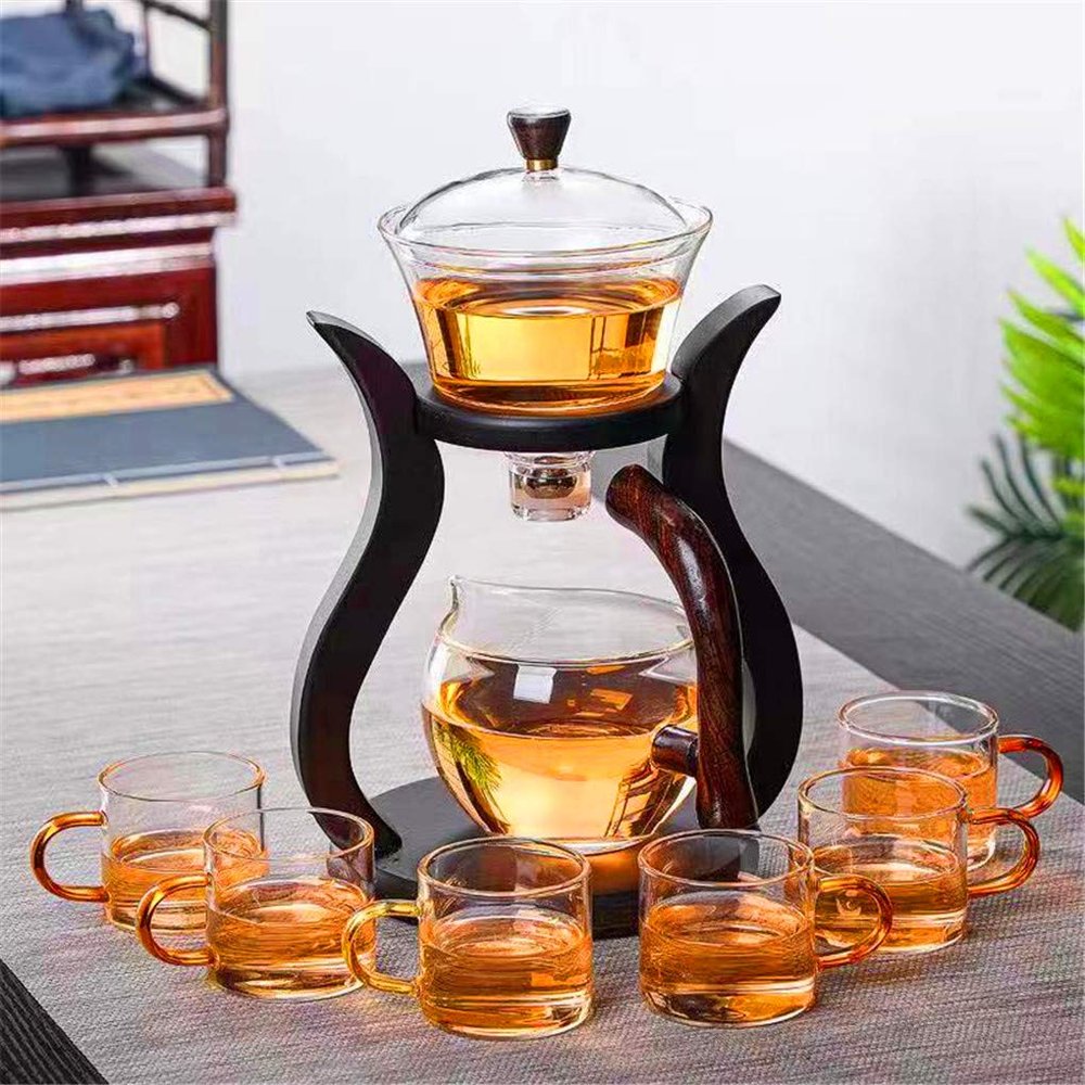 Aoheuo Lazy Kungfu Glass Tea Set Water Diversion Rotating Cover Bowl Semi-Automatic Glass Teapot Suit (Wooden)