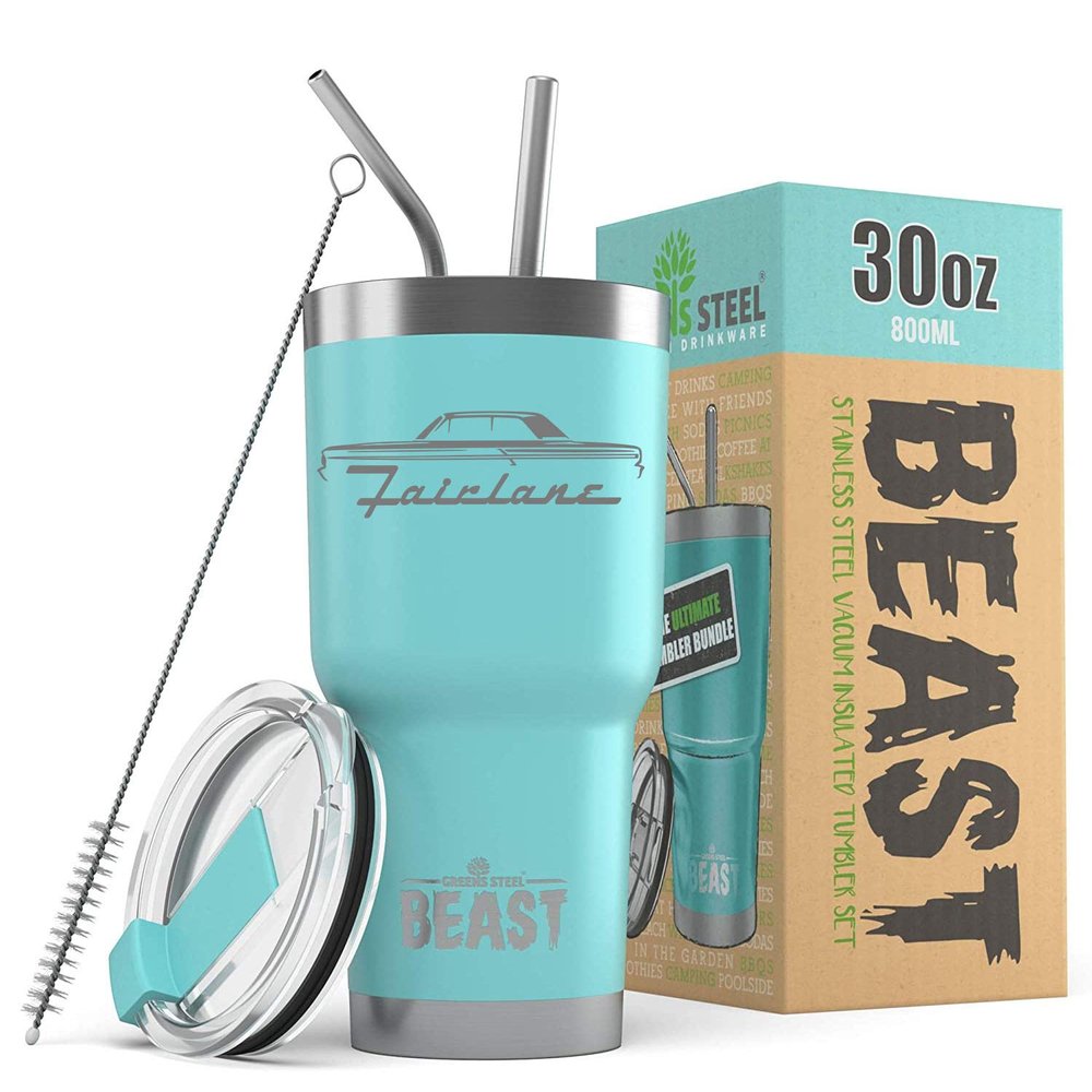 1964 Ford Fairlane Beast 30 oz Stainless Steel Insulated Tumbler w/Lid, 2 Straws, Brush and Gift Box aqua