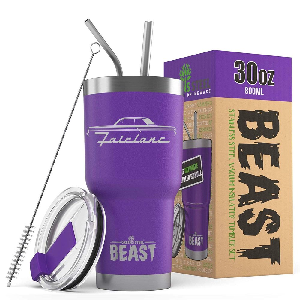 1964 Ford Fairlane Beast 30 oz Stainless Steel Insulated Tumbler w/Lid, 2 Straws, Brush and Gift Box purple