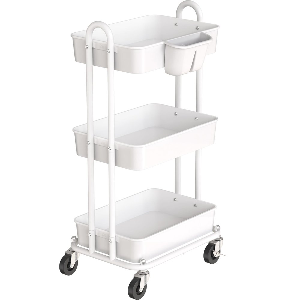 Simple Houseware 3-Tier Multifunctional Rolling Utility Cart with Hanging Bucket, White