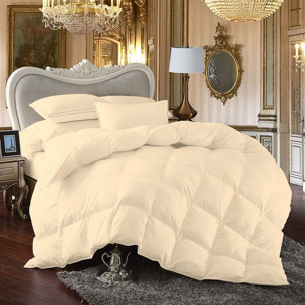 100% Egyption Cotton Comforter Goose Down and Feather Filling Comforter 500 GSM Fill Power All Season Ivory-Queen/Full (88"X88") Size Soft Quilted with Corner Tabs, Winter Warm Fluffy