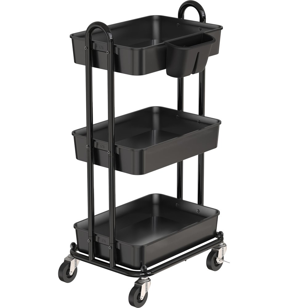 Simple Houseware 3-Tier Multifunctional Rolling Utility Cart with Hanging Bucket, Black